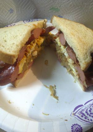 A picture of Sauerkraut, hotdog, egg sandwich.