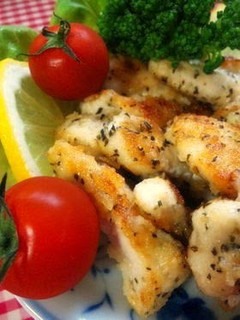 A picture of With Lemon Chicken Breast Grilled with Basil and Cheese.