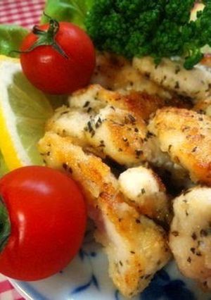 A picture of With Lemon Chicken Breast Grilled with Basil and Cheese.
