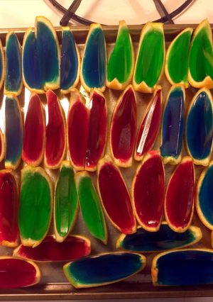 A picture of jello orange slices.