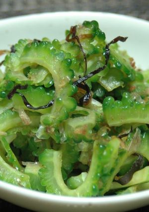 A picture of Bitter Melon with Bonito Flakes and Shio-Kombu.
