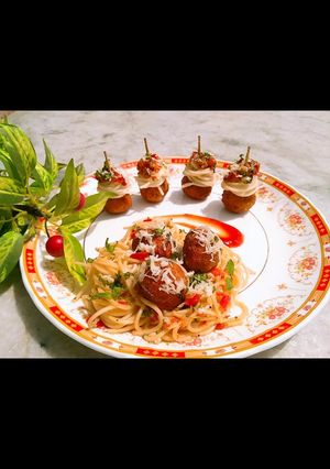 A picture of Veg Meatballs with Spaghetti.