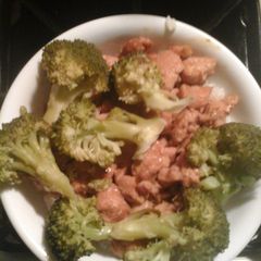 Steamed broccoli and terryaki chicken A picture of Steamed broccoli and terryaki chicken.