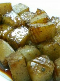 A picture of Cubed Konnyaku "Steak" With Shiso Garlic Soy Sauce.