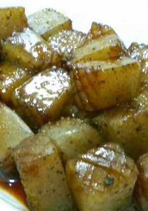 A picture of Cubed Konnyaku "Steak" With Shiso Garlic Soy Sauce.