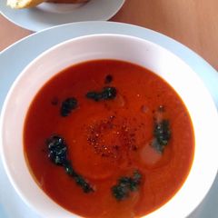 Vickys Red Pepper Soup with Basil Oil GF DF EF SF NF A picture of Vickys Red Pepper Soup with Basil Oil GF DF EF SF NF.