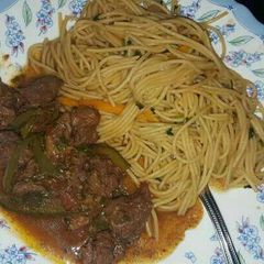 A picture of Beef with spaghetti.