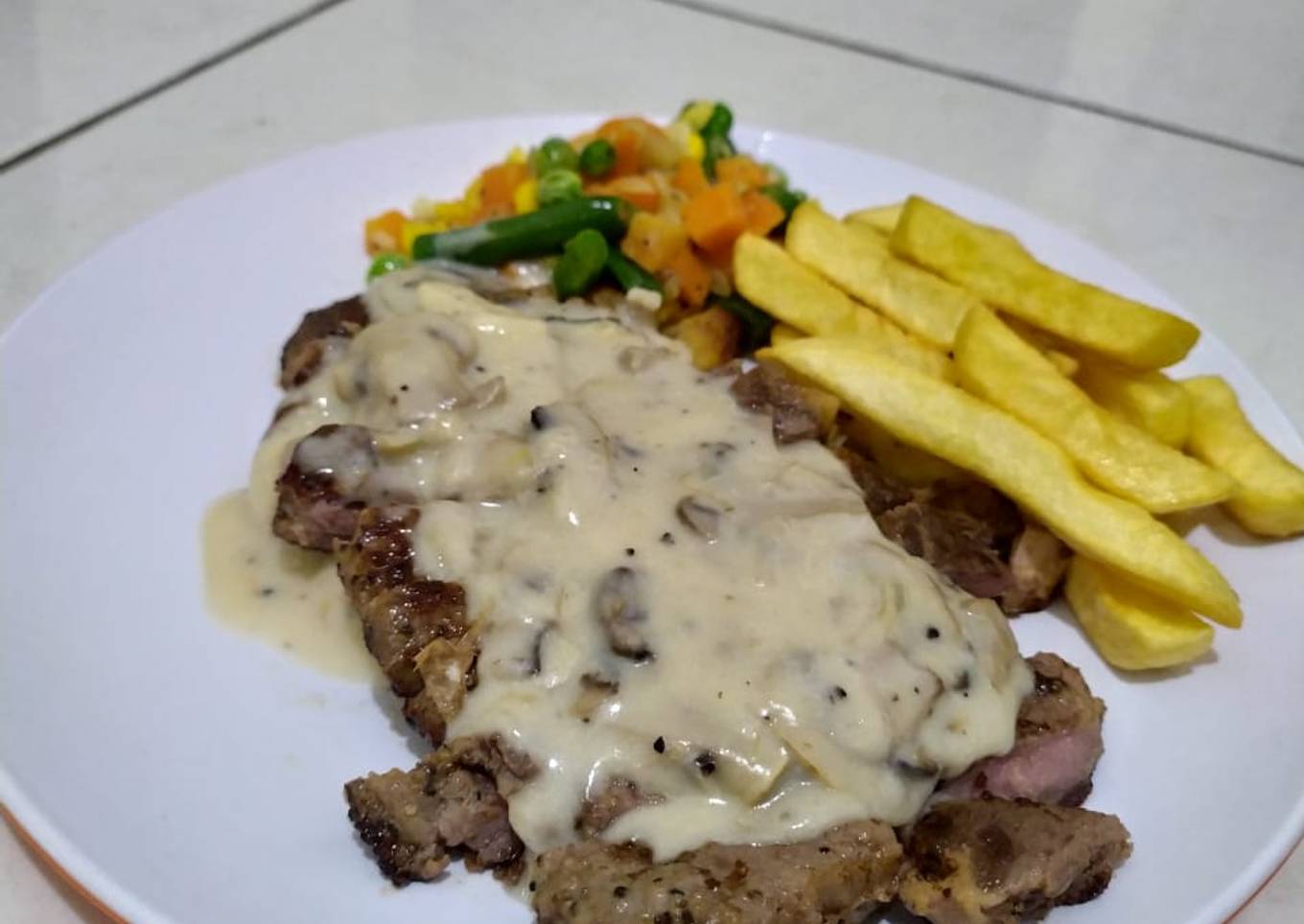 Sirloin Steak Pan Fried with Mushroom Sauce