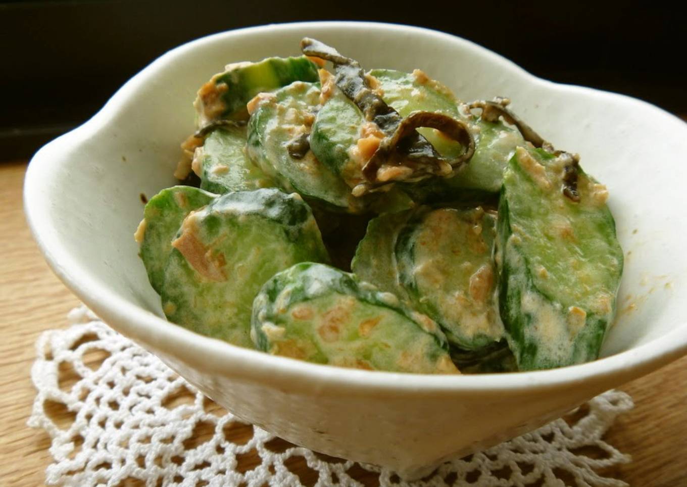 Cucumber with Umeboshi, Dried Bonito Flakes, and Kombu Mayo