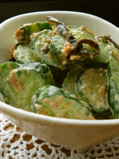 A picture of Cucumber with Umeboshi, Dried Bonito Flakes, and Kombu Mayo.