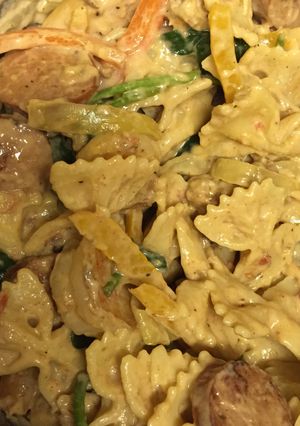 A picture of Sausage, Chicken, and Shrimp Penne Pasta.