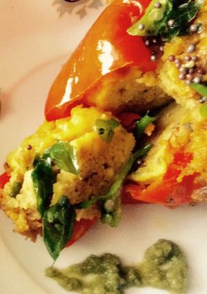 A picture of Dhokla Stuffed red capsicum.