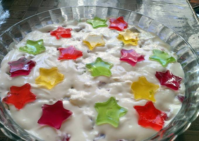 White jello cake with colorful filling