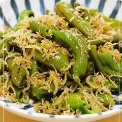 A picture of Sweet and Spicy Simmered Shishito Peppers and Jako Sardines.
