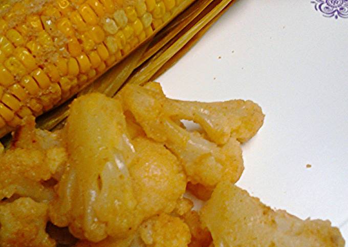 Oven roasted corn unhusked and cauliflower