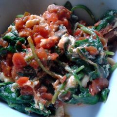 A picture of Salsa Eggs with Chorizo & Spinach.