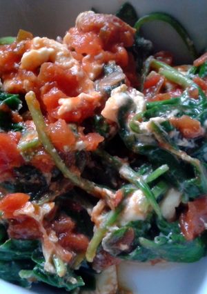 A picture of Salsa Eggs with Chorizo & Spinach.