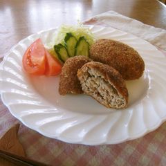 A picture of Menchi-Katsu (Fried Ground Meat Cutlets) with Lots of Cabbage.