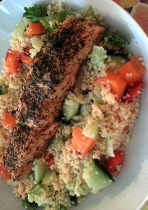 A picture of Lemon Salmon with cous cous.