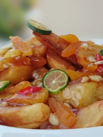 Simple Way Make Recipe Fried Potato Salad With Garlic And Dried Apricot In Plum Sauce that is Can Pamper Your Tongue, Can Spoil the Tongue}