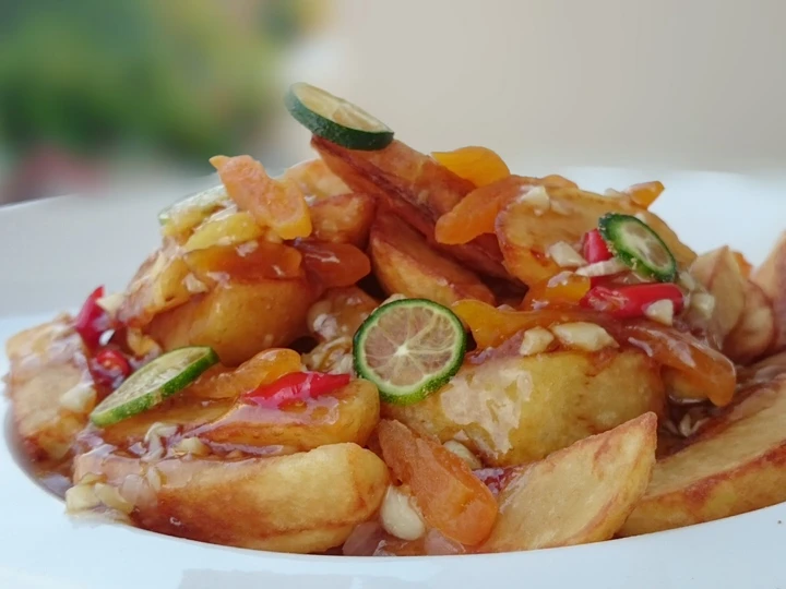 Easy Way Make Fried Potato Salad With Garlic And Dried Apricot In Plum Sauce the Awesome  Delicious