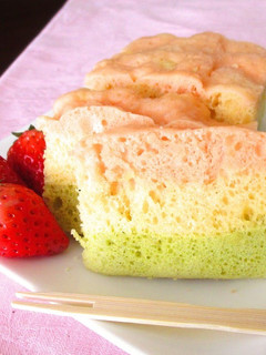 A picture of For Doll Festival: Easy Tri-Color Steamed Bread Cake made with Pancake Mix.