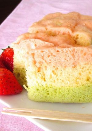 A picture of For Doll Festival: Easy Tri-Color Steamed Bread Cake made with Pancake Mix.