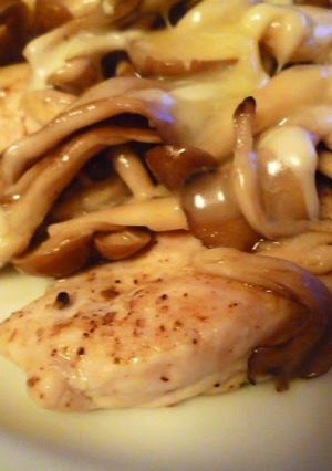 A picture of Steamed Mushrooms and Chicken Tenderloins with Cheese.