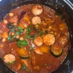 A picture of Roast Mediterranean Veg & chickpea stew.