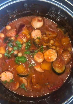 A picture of Roast Mediterranean Veg & chickpea stew.