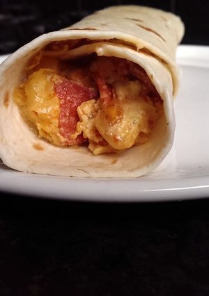 A picture of Sophie's pizza breakfast wrap.