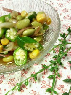 A picture of Side Salad with Edamame Beans, Okra and Corn.