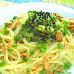 A picture of Just a Few Dishes to Wash!! Avocado Pasta with Sesame Salt.