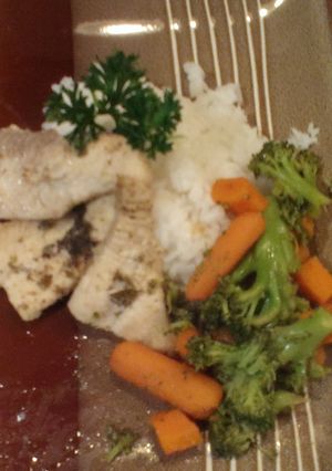 A picture of Catfish and rice.