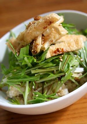 A picture of A Beginner's Macrobiotic Dish: Mizuna on Brown Rice.
