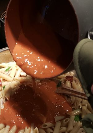 A picture of Mexi style tomato soup pasta bake.