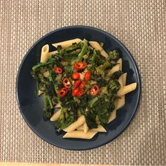 A picture of Purple broccoli and kale pasta.
