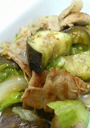 A picture of Stir-Fried Pork, Lettuce and Eggplant with Miso.