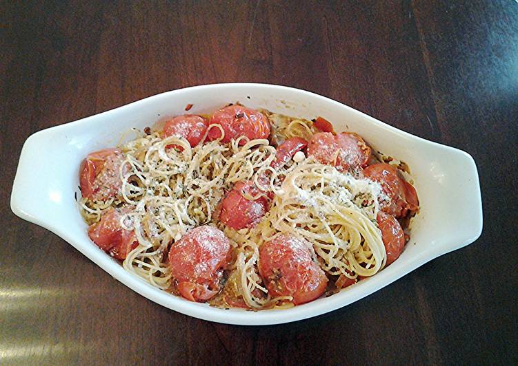 Simple Way to Prepare Super Quick Homemade Angel Hair Pasta with Garlic,Olive oil, Cherry Tomatos, Peppers  and Onions