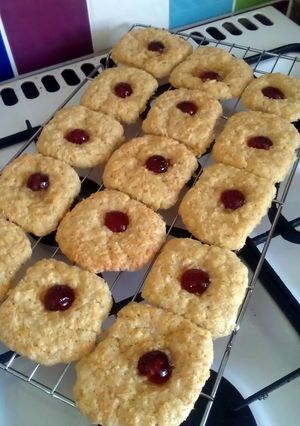 A picture of Vickys Coconut Cherry Cookies, GF DF EF SF NF.