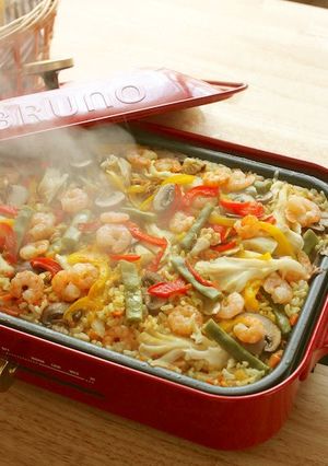 A picture of Curry Flavored Paella Cooked on an Electric Griddle.
