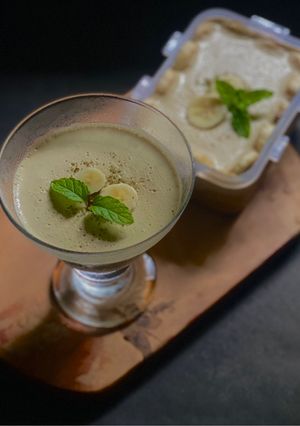 A picture of Banana Matcha Cheesecake- No bake and Vegan.