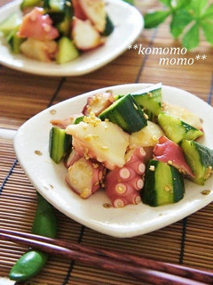 A picture of Octopus and Cucumber Marinated in Garlic, Ginger, and Soy Sauce.