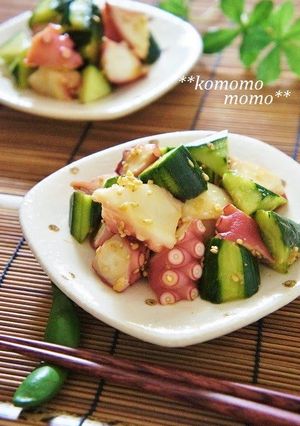 A picture of Octopus and Cucumber Marinated in Garlic, Ginger, and Soy Sauce.
