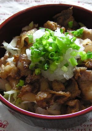 A picture of Refreshing Pork Don Rice Bowl with Ponzu Sauce and Grated Daikon Radish.