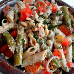 A picture of whopping wholegrain-pasta salad.