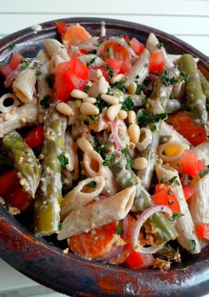 A picture of whopping wholegrain-pasta salad.
