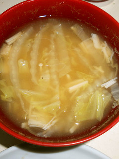 A picture of Miso Soup with Napa Cabbage, Enoki Mushrooms, and Ginger.