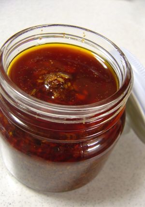 A picture of Chunky Homemade Ra-yu Spicy Chili Oil.