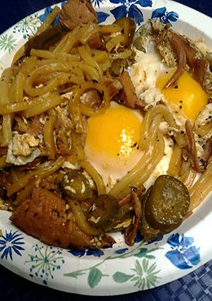 A picture of Ham, Eggs and Udon Noodles.